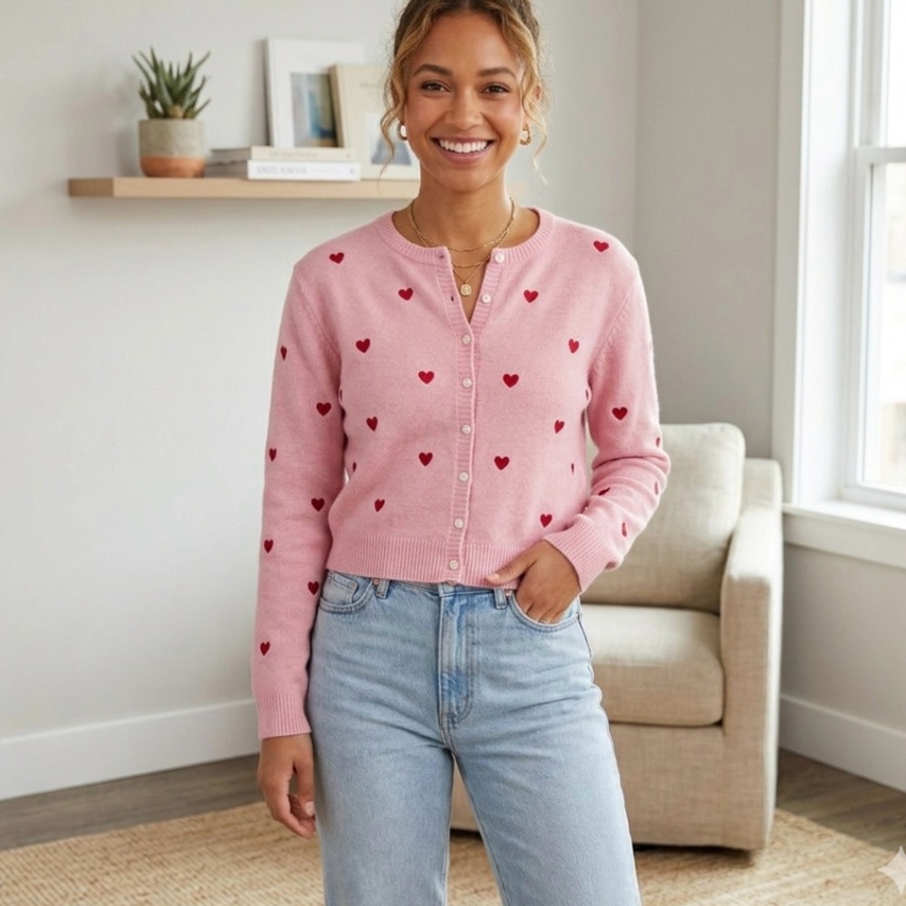 Major Major Knit Cardigan Sweater in Pink with Hearts Women’s Size S NWT